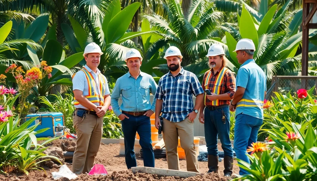 Hawaii construction association professionals collaborating on a site surrounded by lush landscapes.