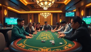 Tài xỉu md5 players engaged at a luxurious casino table with vibrant dice and poker chips.
