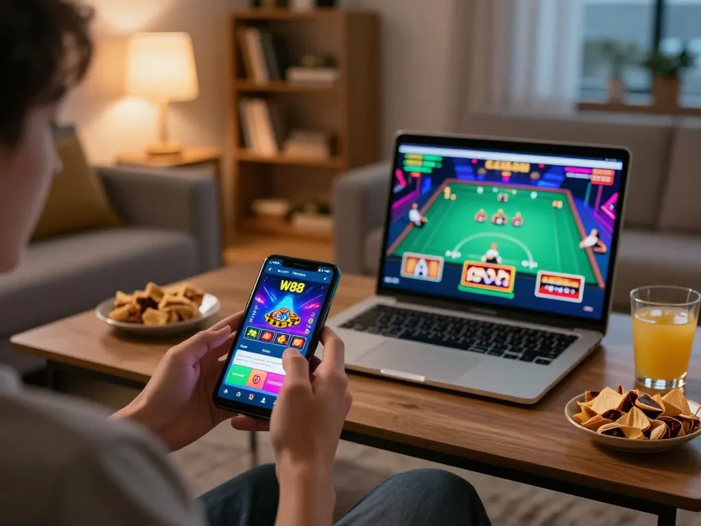 Player engages with the W88 app on smartphone, showcasing a vibrant online gaming atmosphere.