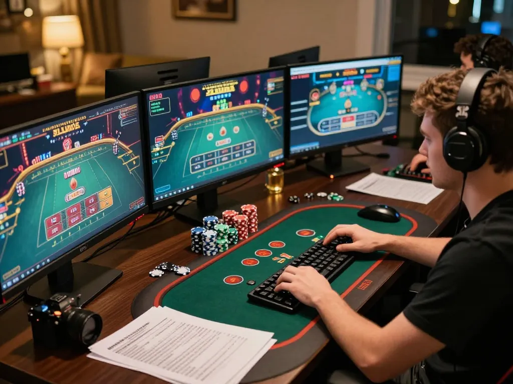 Engaged gamer at home using https://www.mnm88.com/ for online poker games, showcasing a focused environment.