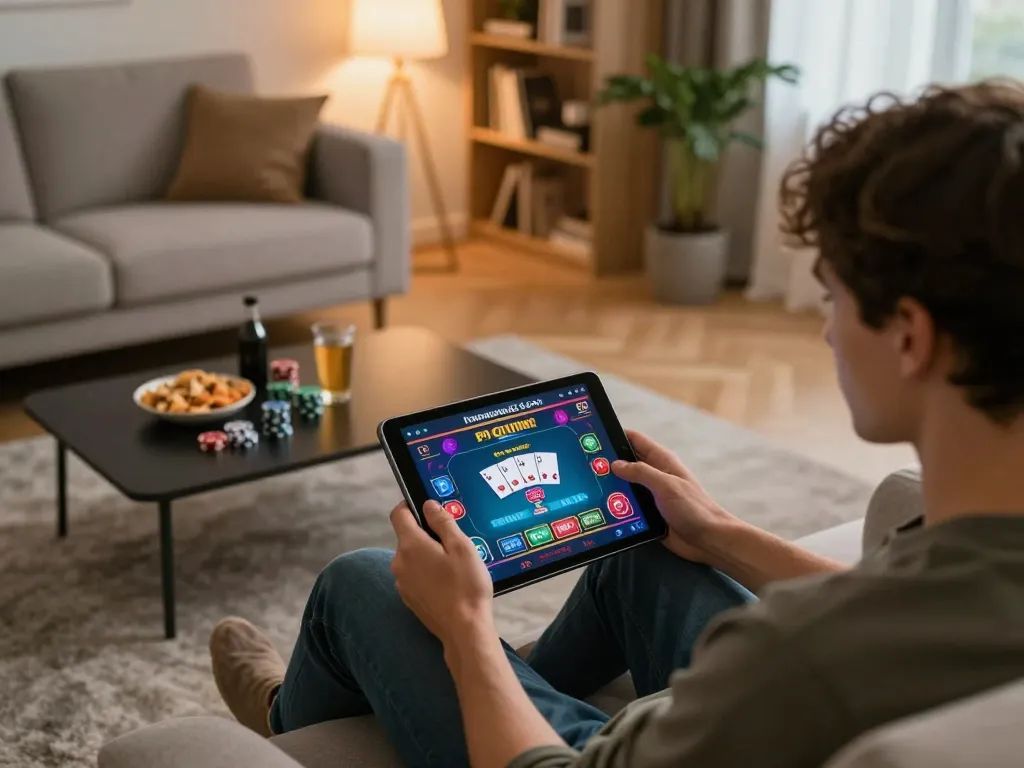Engaging scene of a person enjoying online gaming on the g28 trang chủ tablet, showcasing a vibrant poker interface