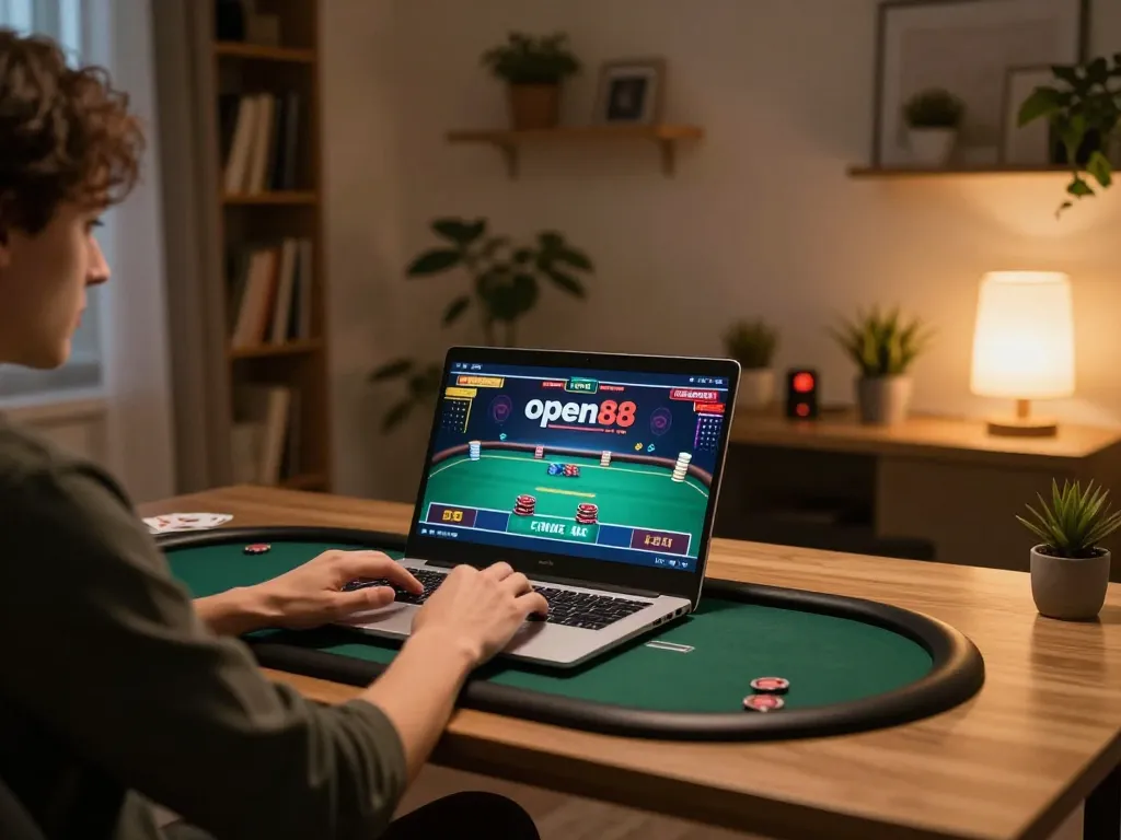 Engaging in open88 online poker gameplay on a cozy laptop setup at home