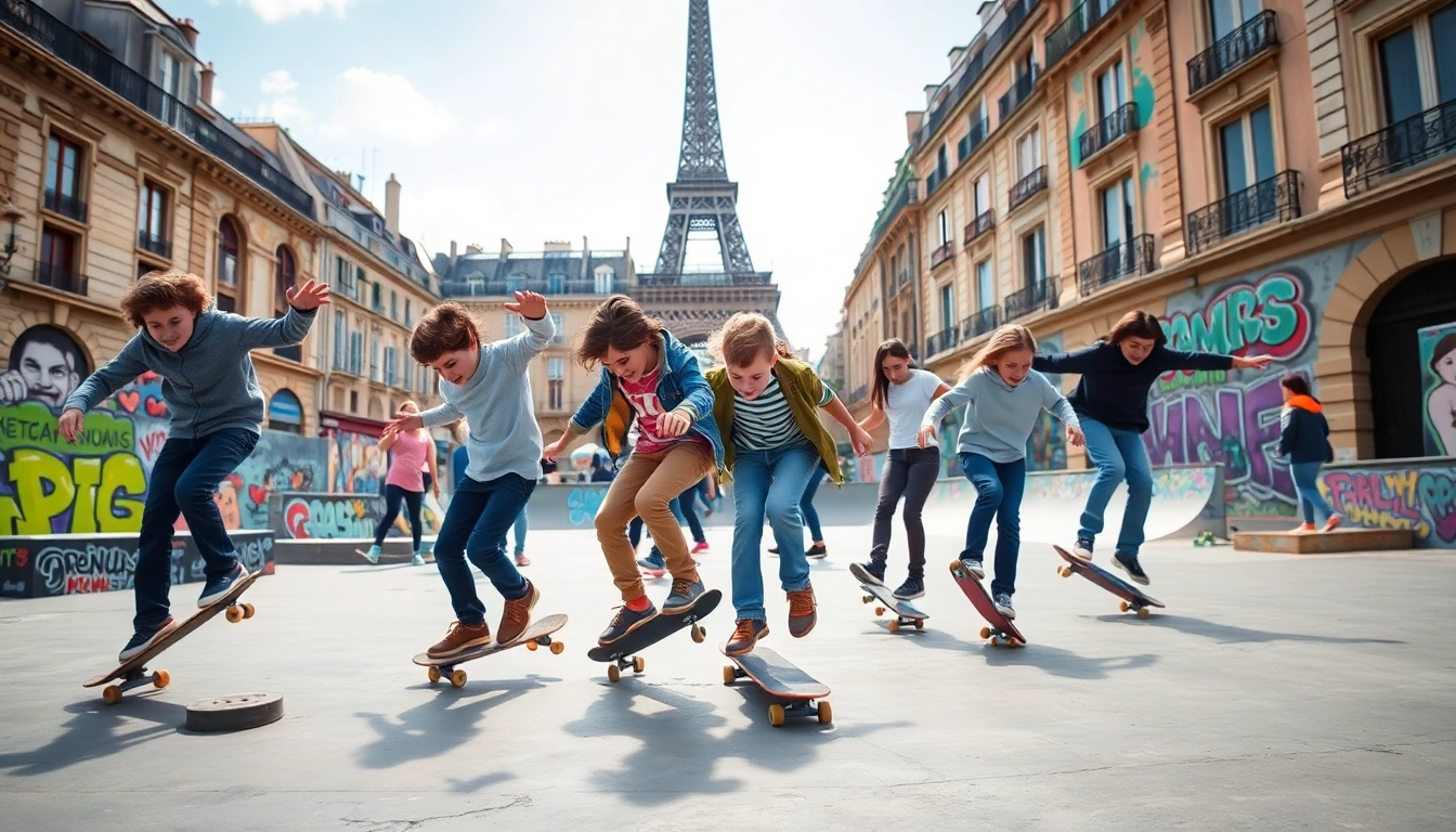 Les jeunes skateurs de l'Ecole skate paris s'entraînent dans un skatepark animé.
