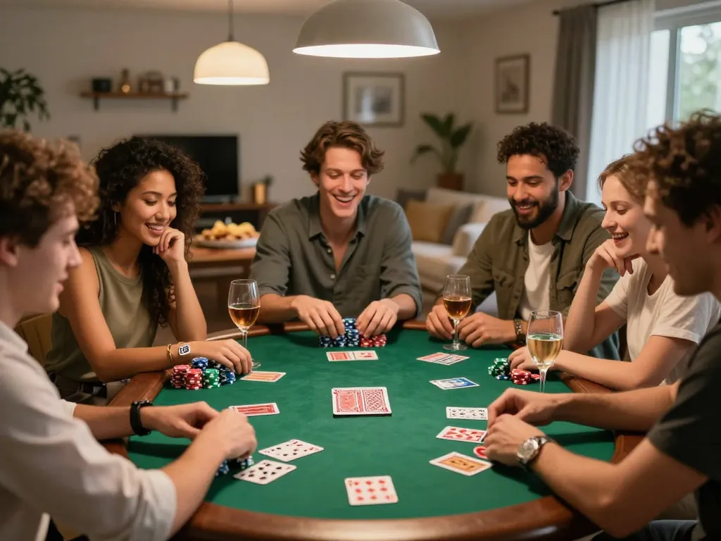 Friends celebrating a winning hand during a slot gacor hari ini themed poker night, showcasing strategic gameplay.