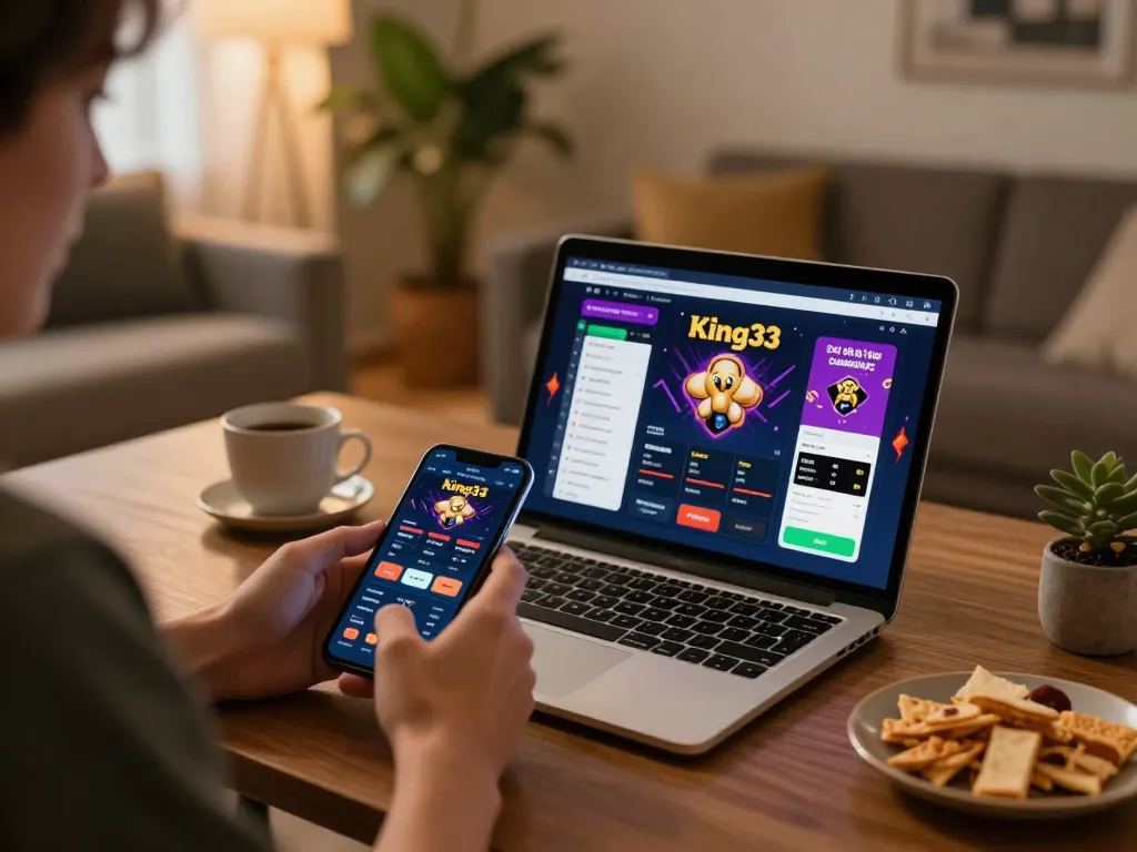 Player engaging with king33 app for online betting on laptop while enjoying a snack