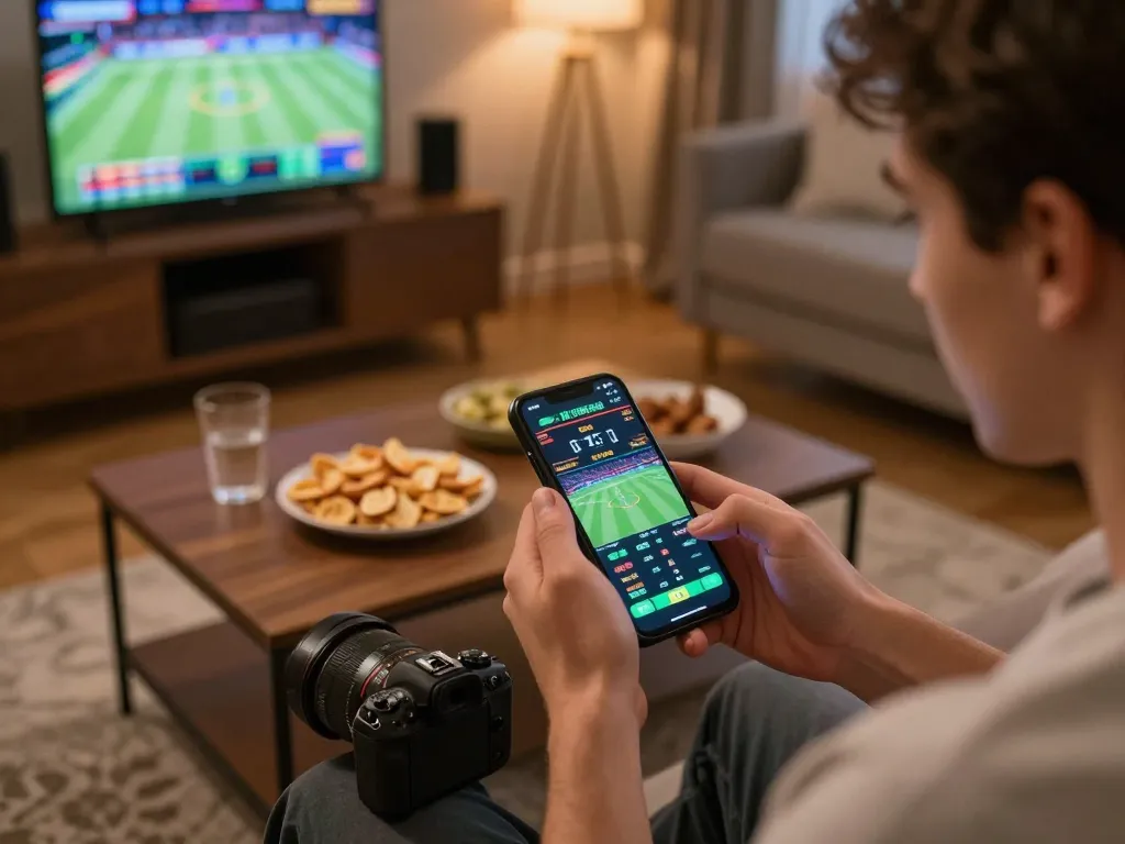 Cakhia tv user placing bets on smartphone, engaging in dynamic online sports betting in cozy environment.