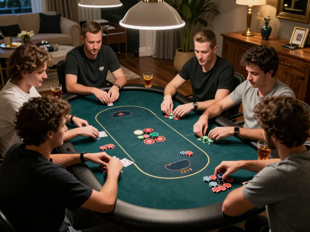 Players strategizing at a VIPWin poker game in a cozy home atmosphere, showcasing intense gameplay and interactions.