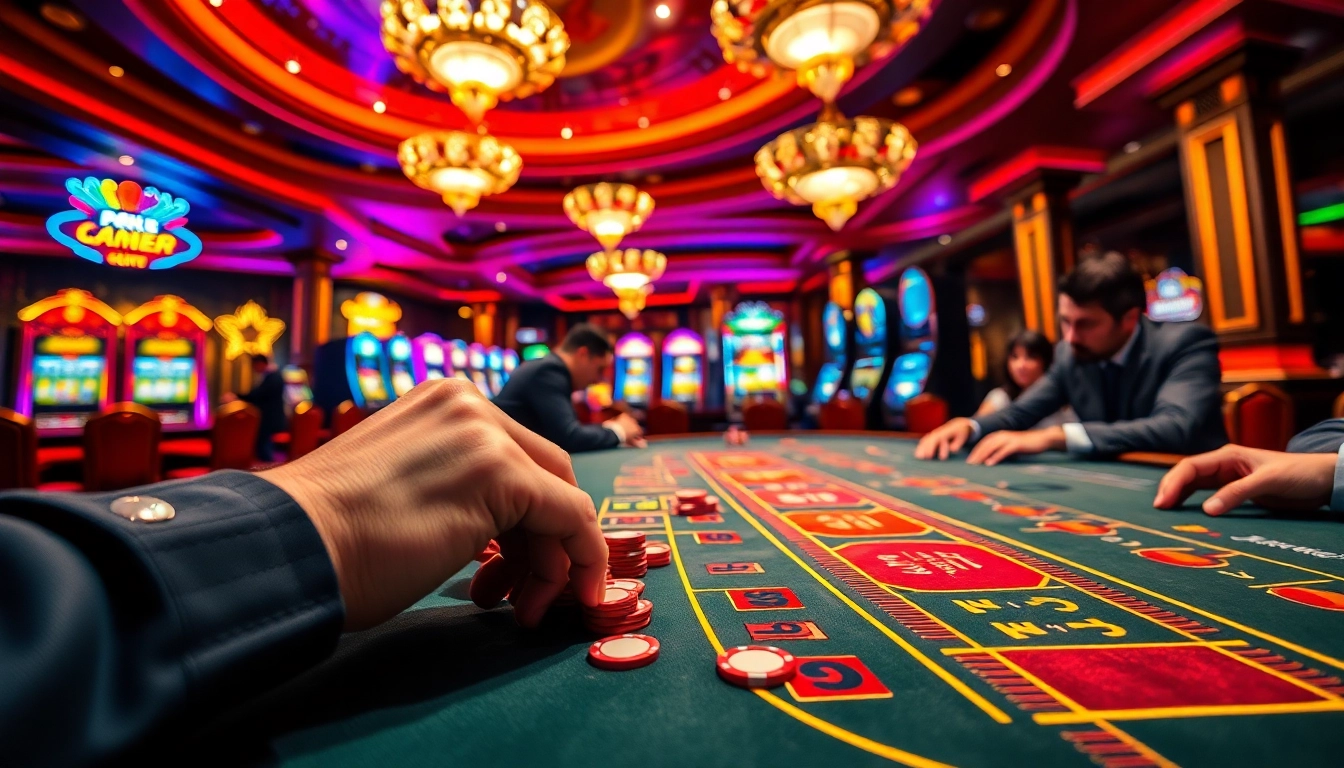 Pemain kasino bbni4d sedang menempatkan chip di meja poker, dengan suasana yang menegangkan dan cerah.