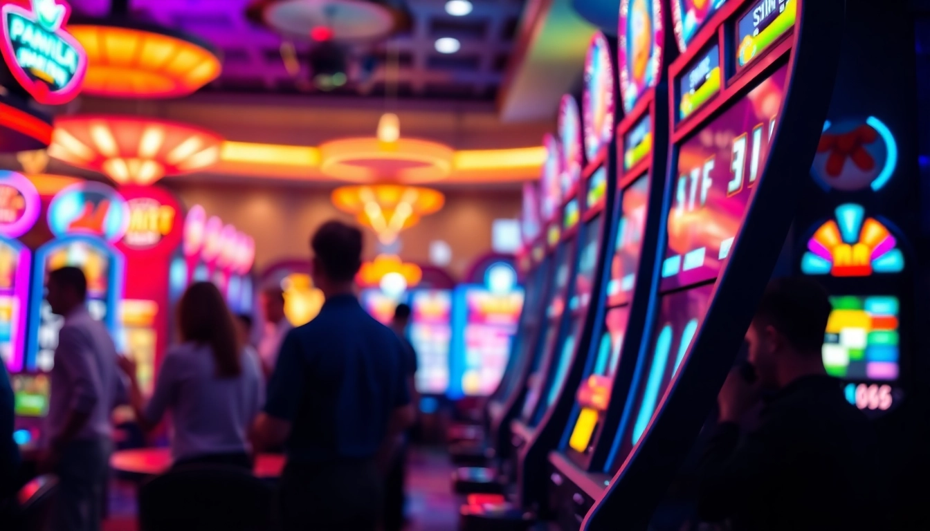 Slot77 mesin permainan digital terang dikelilingi cahaya warna-warni dan pemain antusias.