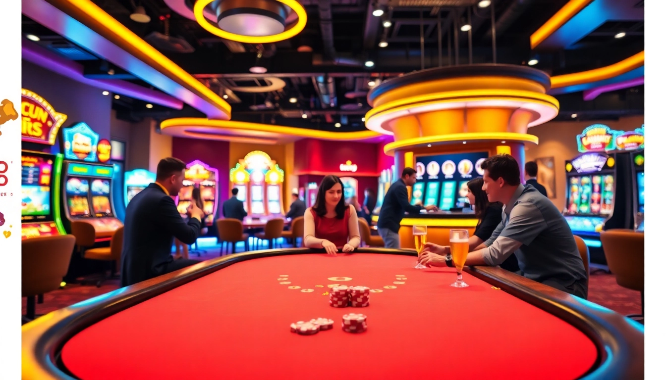 Engaging scene of an Online casino UK featuring players at a poker table and vibrant slots.