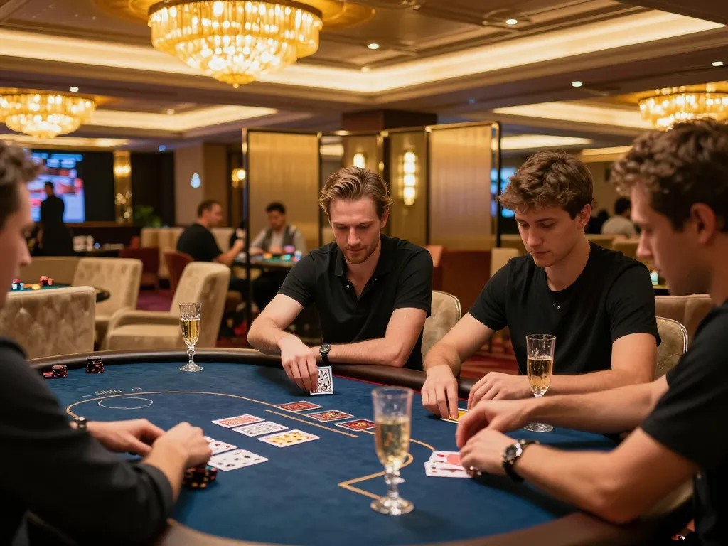 Players engaging in high-stakes poker at 32win's luxurious VIP gaming area, showcasing strategic gameplay.