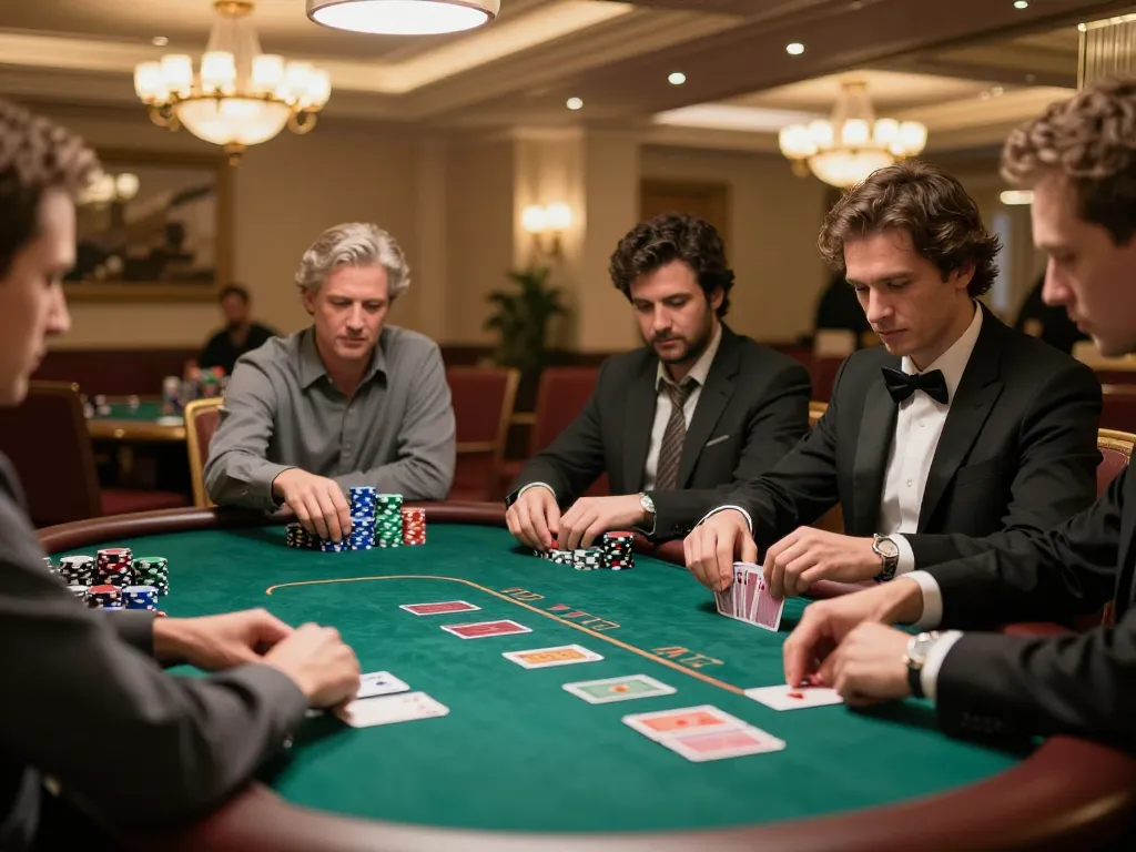 Manclub players engaged in a tense poker game, showcasing strategy and concentration on the vibrant casino floor.