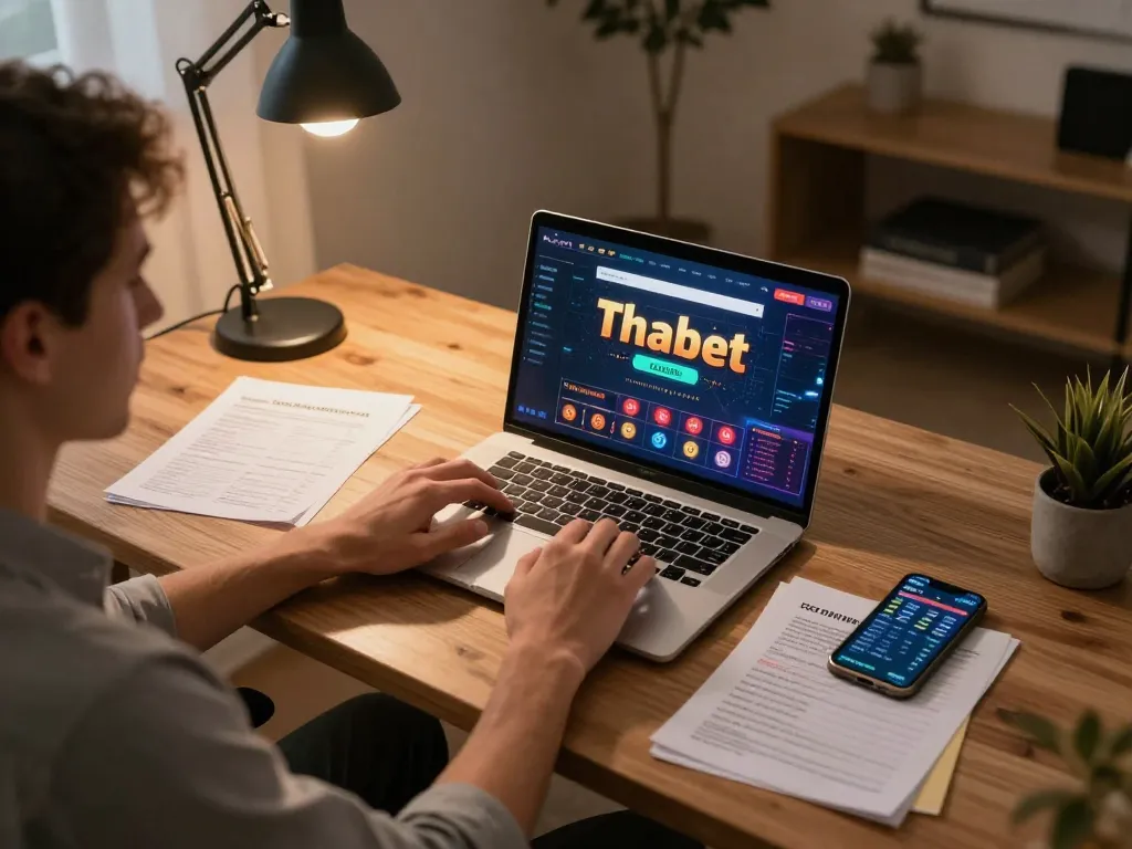 Engaging in strategic gameplay on thabet with a laptop in a modern home office setting