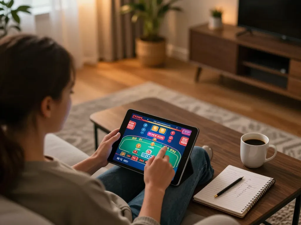 Engaging in a live casino game on king33 with tablet, cozy home setting for online gambling