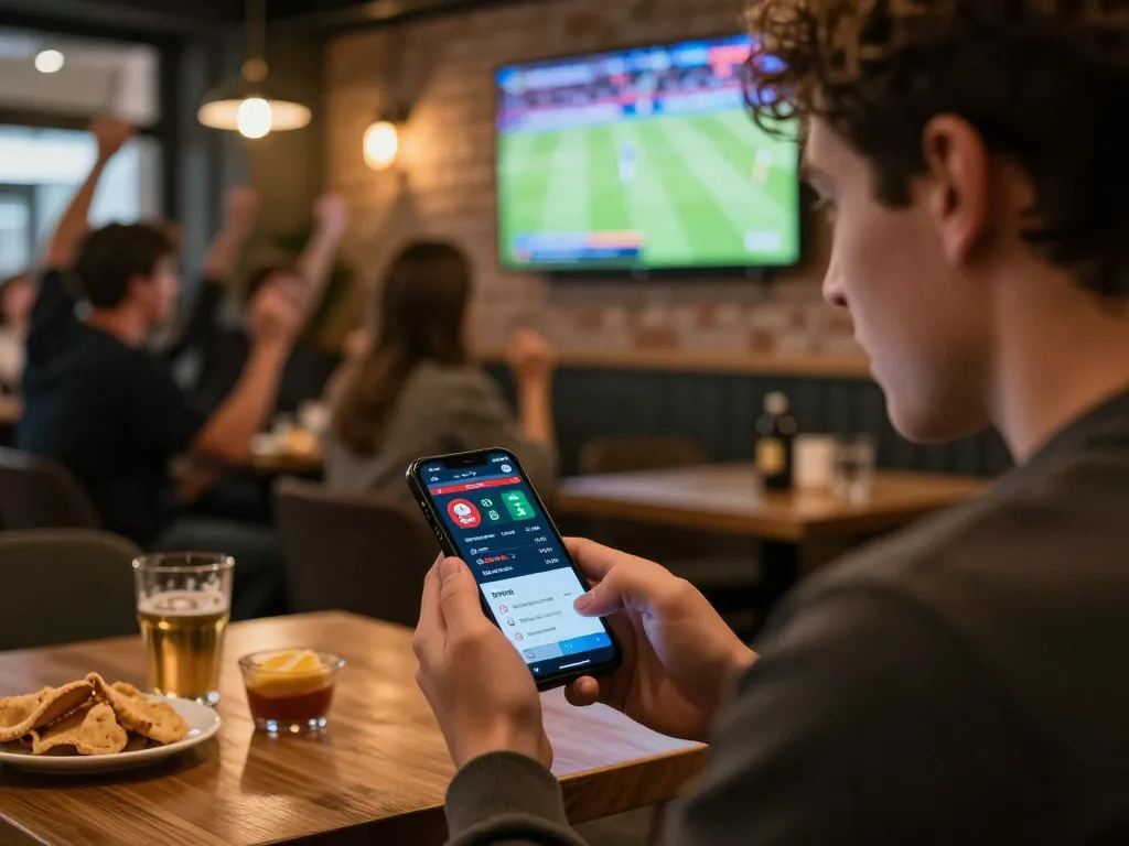 Engaging in sports betting with 888now đăng nhập on a smartphone, enjoying the lively atmosphere of a café