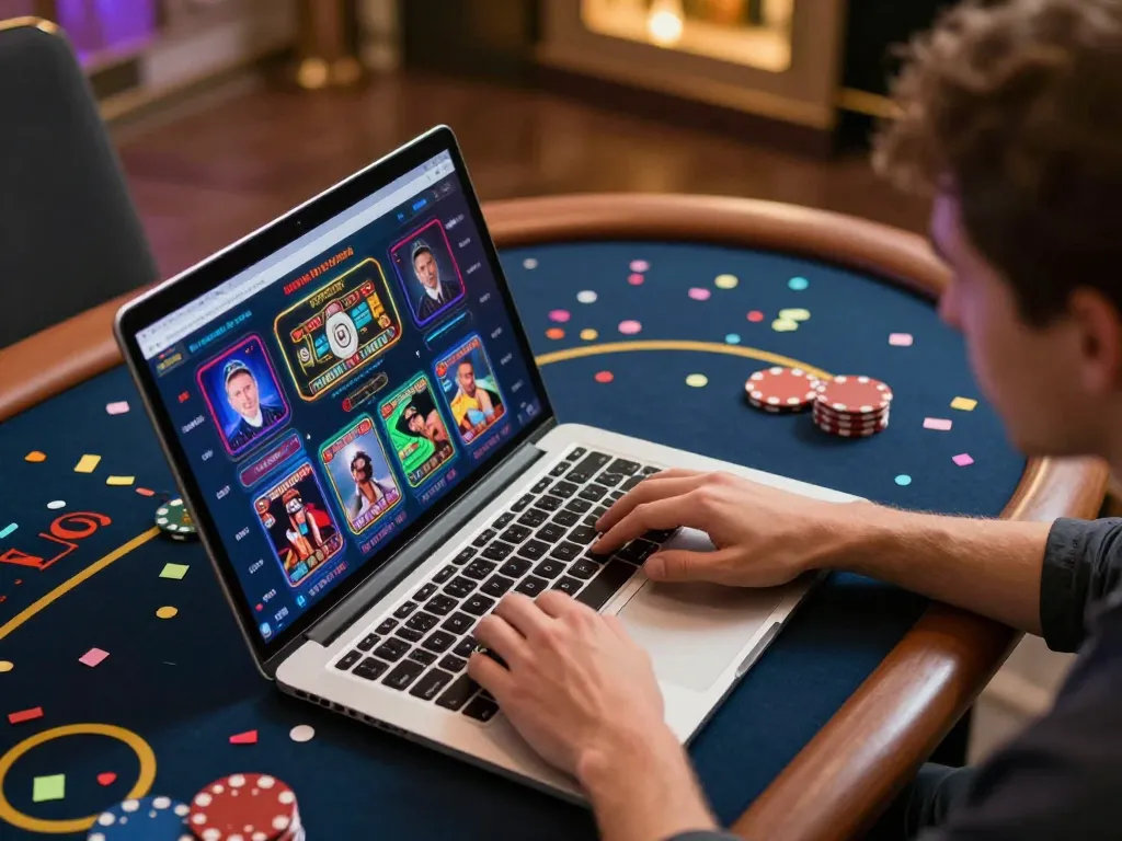 Engaging in online casino games on a laptop, reflecting okwin's immersive gaming experience