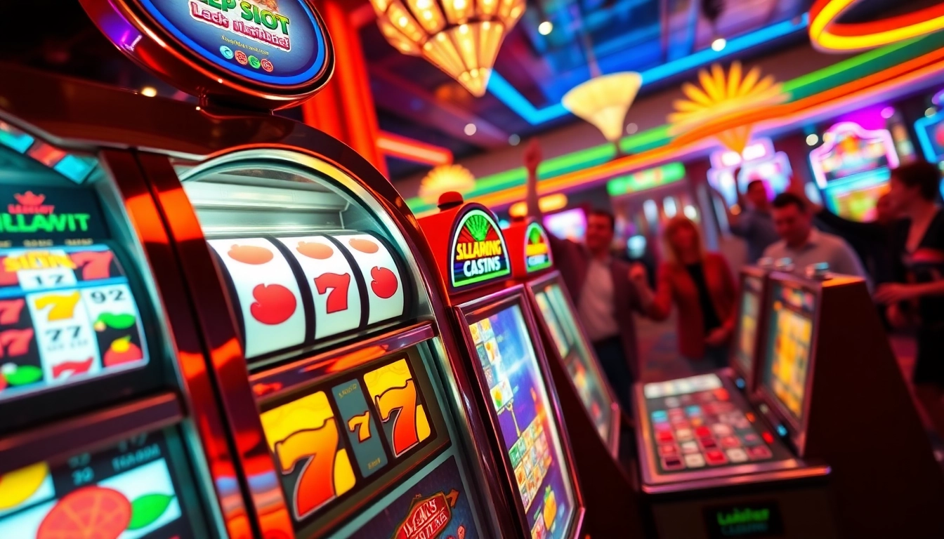 Mainkan slot777 dengan mesin slot berkilauan dan suasana kasino yang meriah.