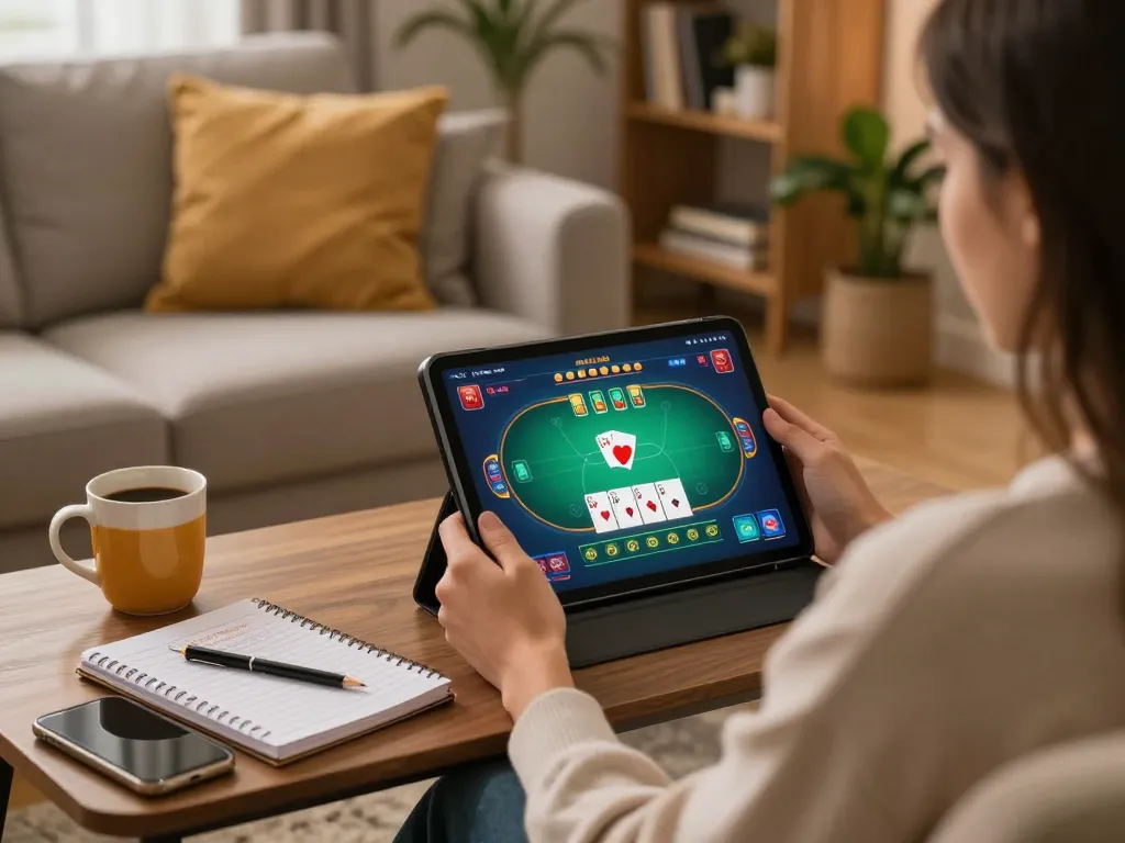 Engaging with online casinos Canada through a tablet while enjoying a cozy home setting.