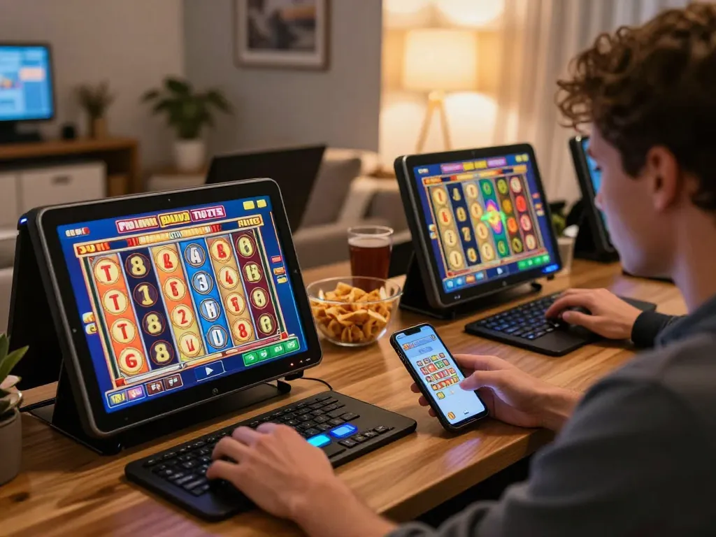 Player enjoying exciting toto slot gameplay on tablet in cozy home setting.