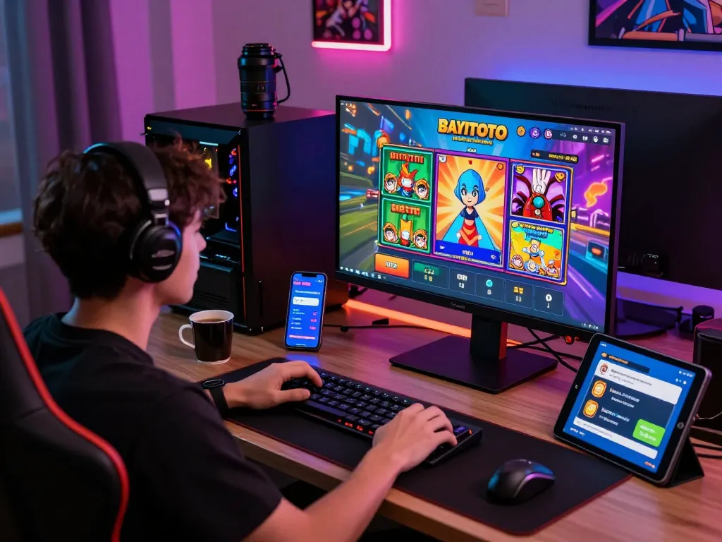 Engaging gaming atmosphere with a player using BAYITOTO's online platforms at a stylish desk filled with gaming gear.