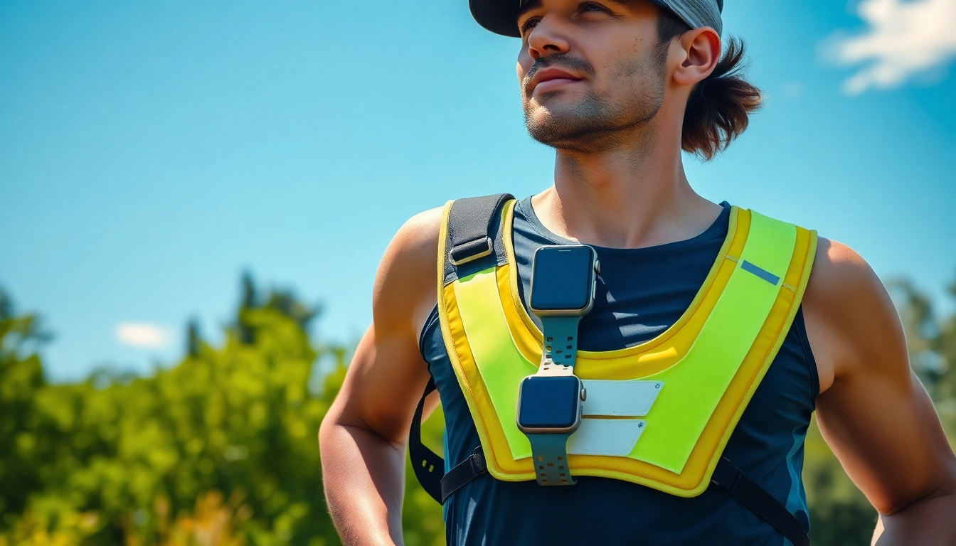 Runner showcasing essential running accessories like hydration pack and smart watch.