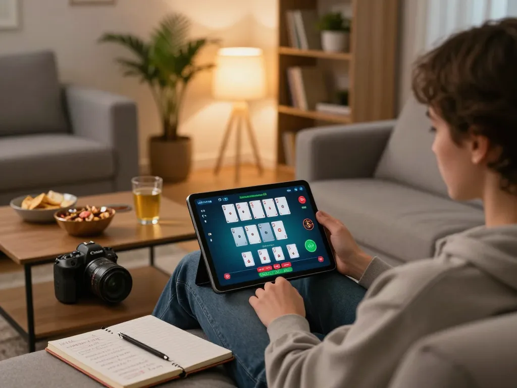 Person engaged in online poker at home with vipwin app open on tablet, capturing strategic gameplay moment.