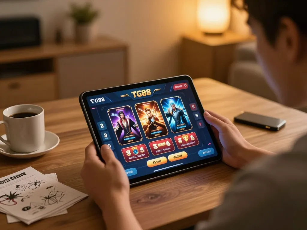 The player engages with the TG88 app, showcasing the immersive gaming experience at home