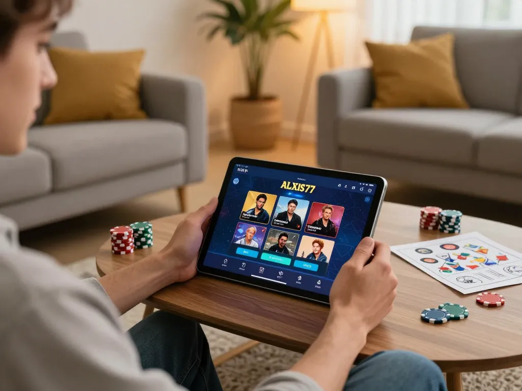 Engaged player exploring strategies on the alexis77 mobile casino app in a cozy living room.