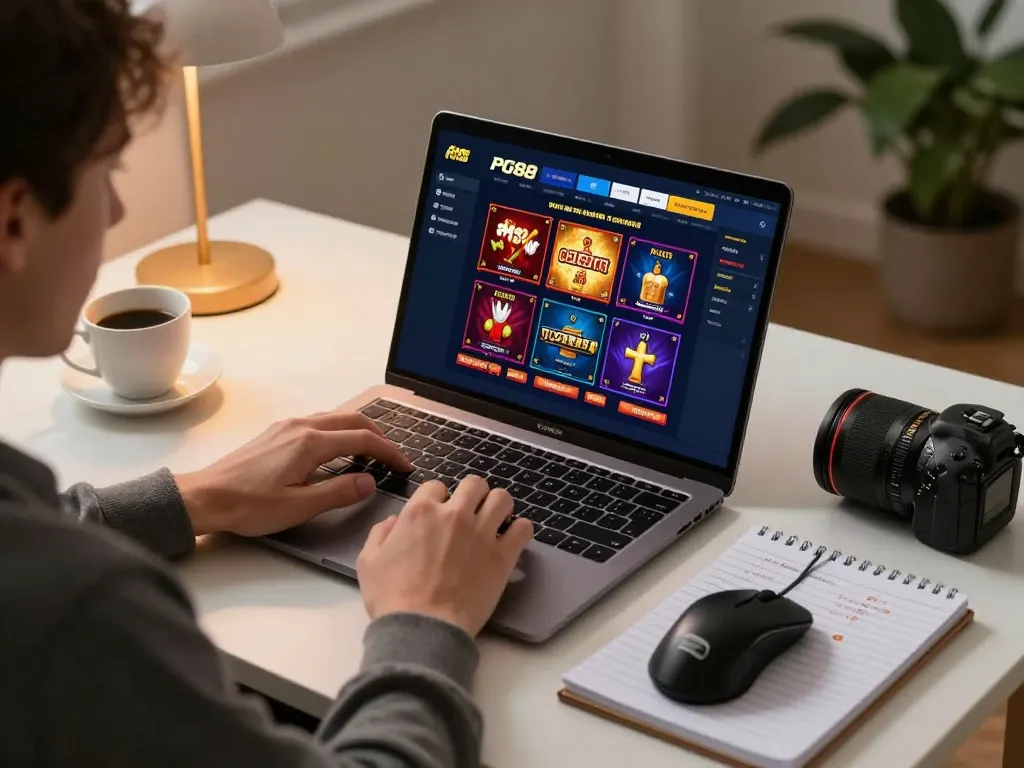 Engaged user exploring PG88 online casino interface on laptop, showcasing immersive gaming experience.