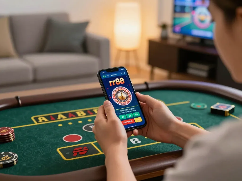 Play live roulette with the thrilling rr88 casino app on your smartphone, capturing a mobile gaming atmosphere.