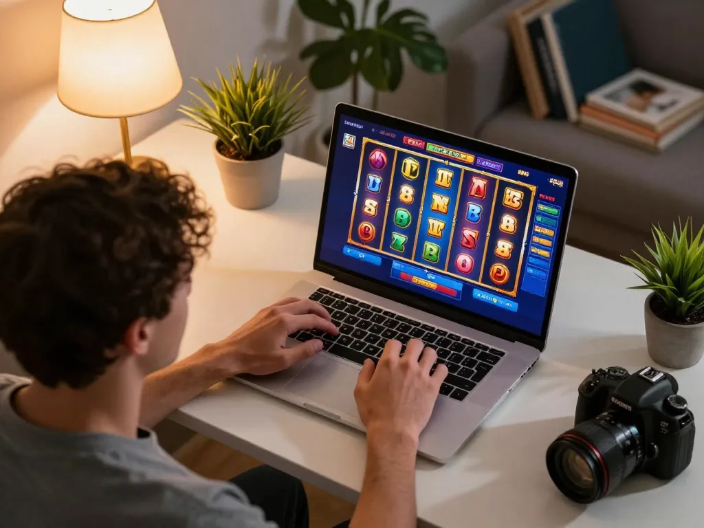 Engaged player enjoying a slot demo, vibrant reels spinning on laptop in a cozy home office setting.