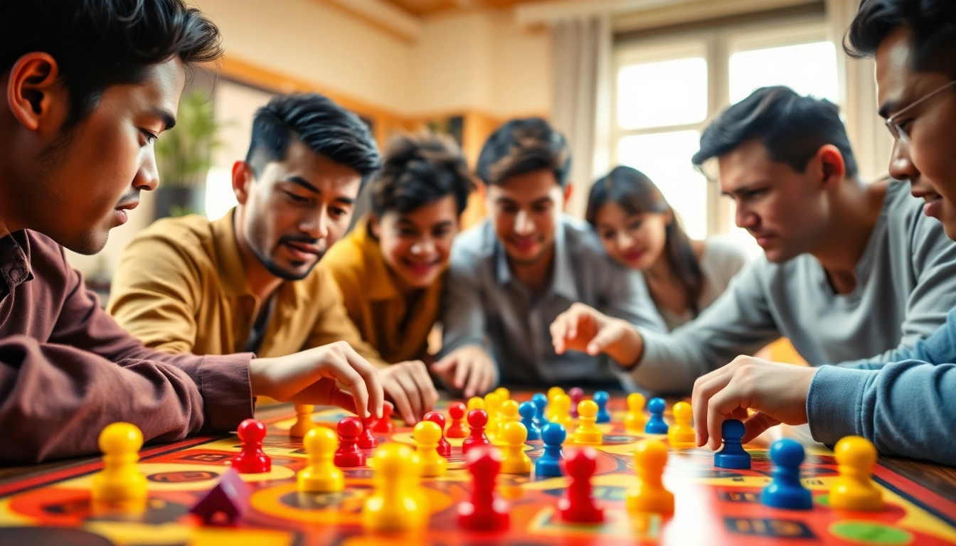 Players enjoying a strategic moment in daman games with colorful game pieces and lively expressions.