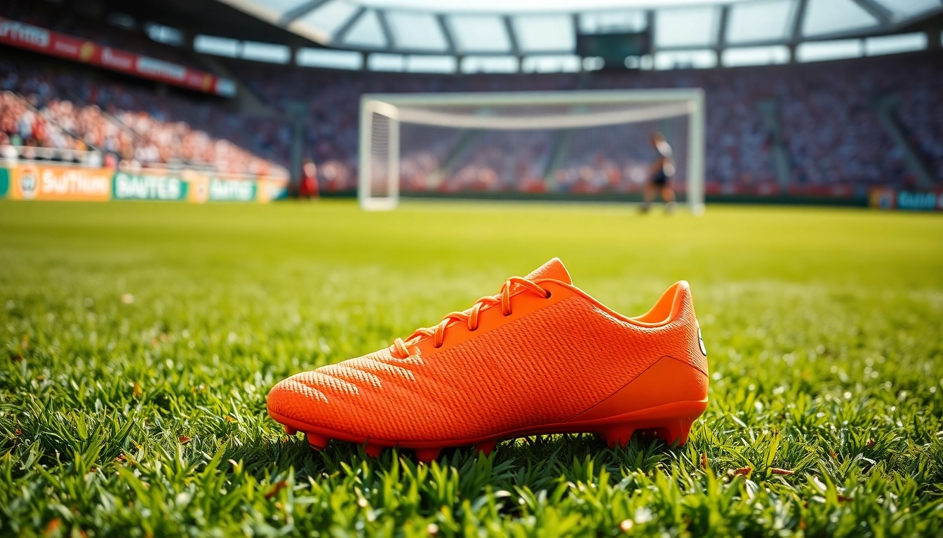 Botines predator naranjas en el campo de fútbol, resaltando su color vibrante y diseño.