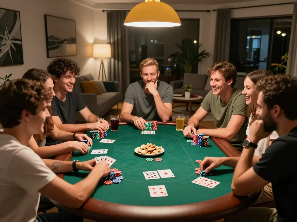 winstrike69 players engaging in fun poker night with colorful chips and warm atmosphere