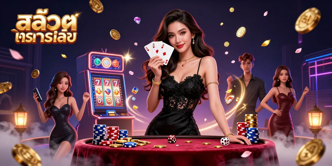 Spin the สล็อตทดลองเล่น reels alongside an elegant woman in a black gown, enhancing your gaming experience.