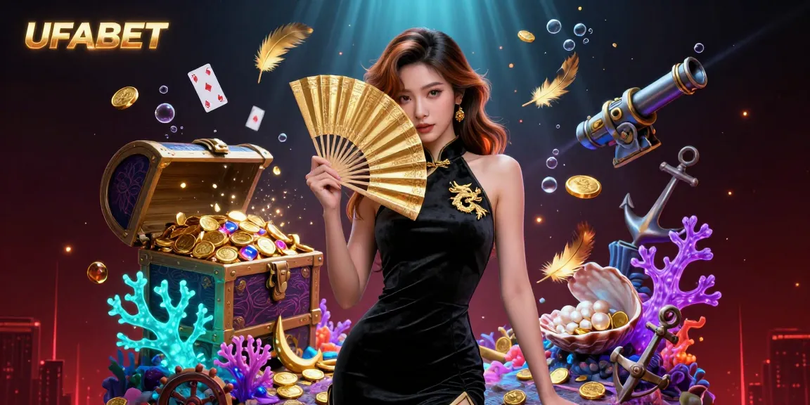 Engage with UFABET's vibrant gaming experience, showcasing an elegant Asian woman amidst golden treasures and entertaining elements.