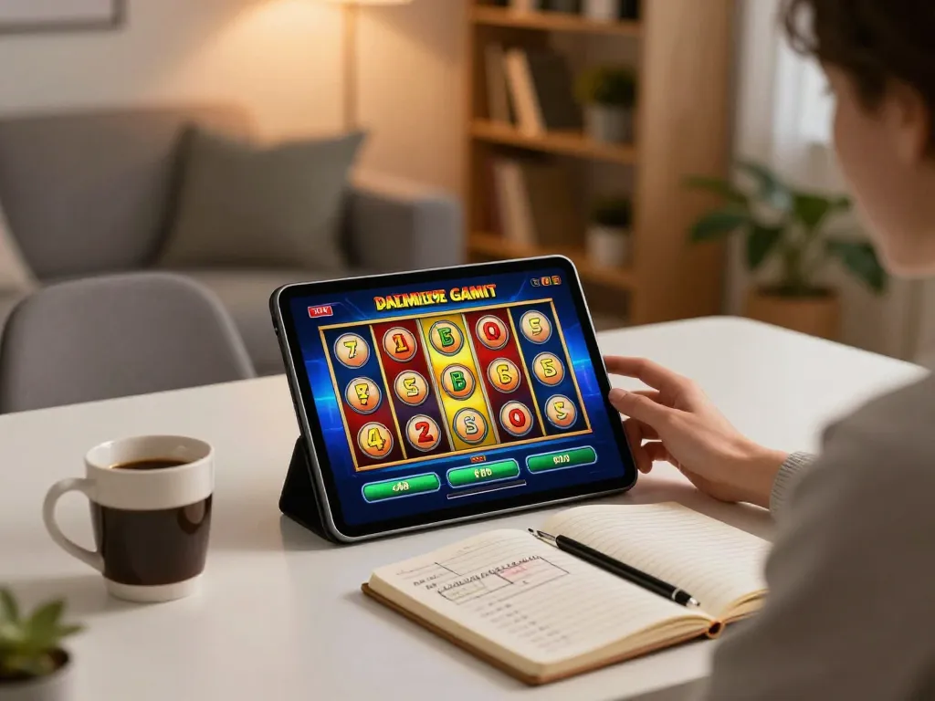 Player enjoying slot online gameplay on a tablet in a warm and cozy home environment.