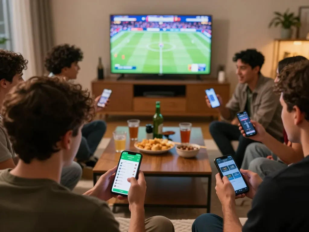 KLIKFIFA mobile app showcased in a dynamic home betting scene with excited friends enjoying sports wagering