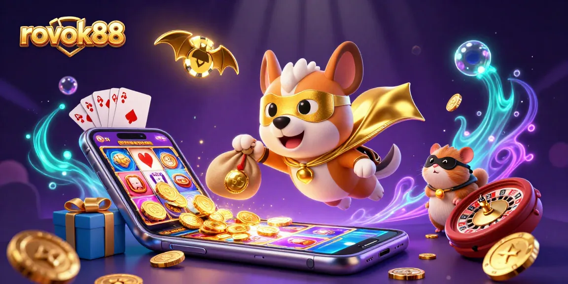Experience the thrill of rokok88 slots with a flying superhero dog and hamster amidst vibrant casino elements.