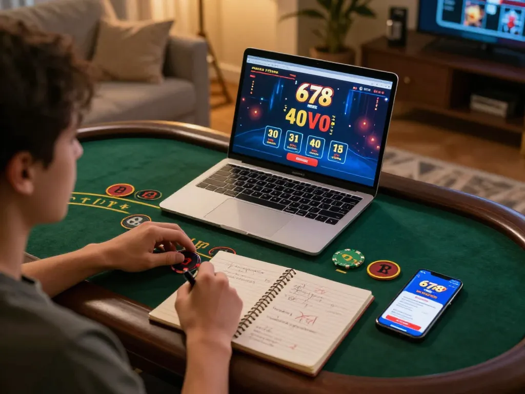 Player enjoying live dealer baccarat on 678vip’s mobile platform in cozy home setting.