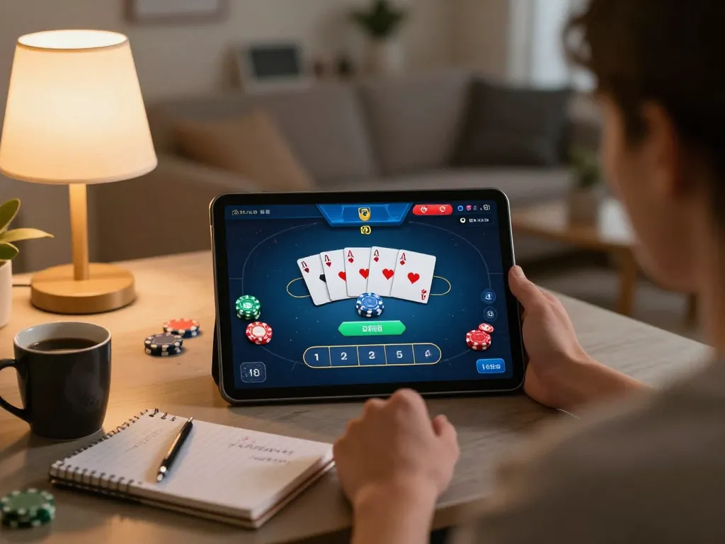 Engaging in online poker at home on luck8 with strategic notes and cozy ambiance.