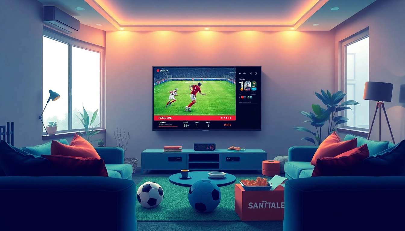 Menampilkan bolakami streaming dengan layar besar di ruang nyaman, siap untuk menikmati pertandingan.