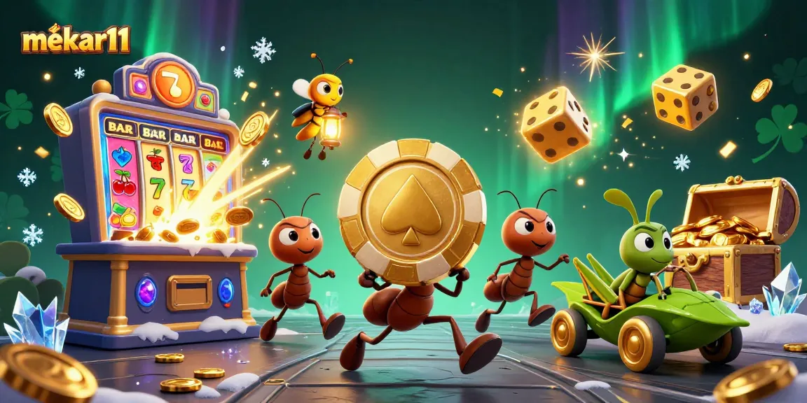Spin the reels with mekar11 in this action-packed casino illustration featuring ants on a heist.