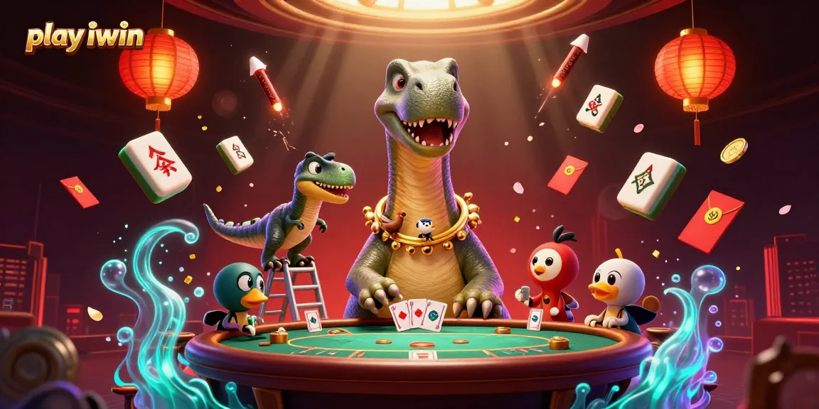 Play iwin with a 3D brontosaurus dealing cards in a vibrant casino scene filled with dynamic elements.