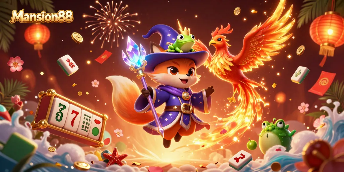 Mansion88 invites players to spin the reels in a vibrant 3D casino world filled with colorful elements and lucky charms.