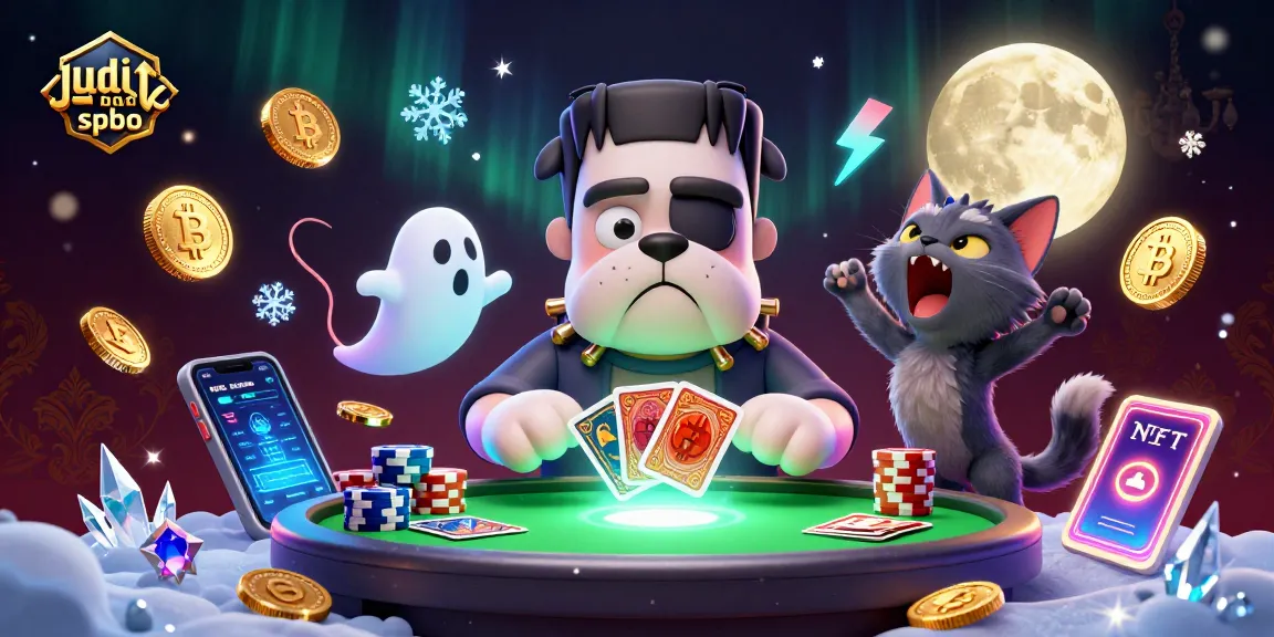 Win with judi bola spbo at a spooky casino table featuring a Frankenstein bulldog dealer and a ghostly mouse.