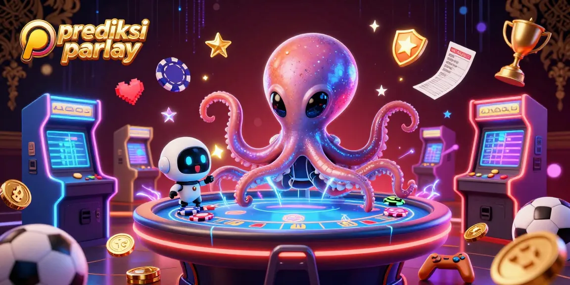 Prediksi parlay illustrated by an alien octopus with a poker table and dynamic sports elements.