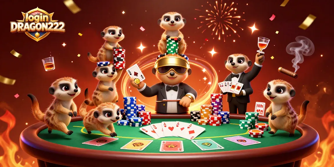 Spin to win with login DRAGON222 in this vibrant casino scene filled with meerkats!