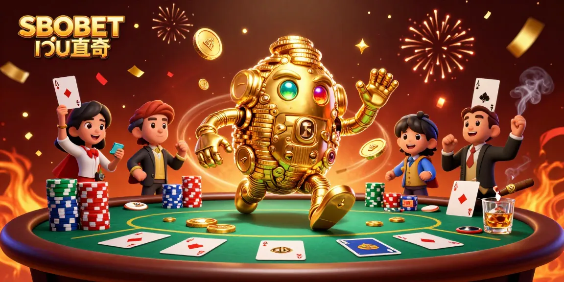 SBOBET เว็บตรง showcases a golden golem and poker elements in an exciting casino scene.