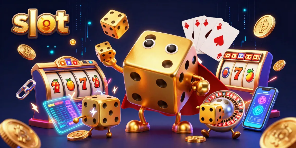 Engage with exciting slot theme featuring a golden dice golem and shimmering cryptocurrencies.